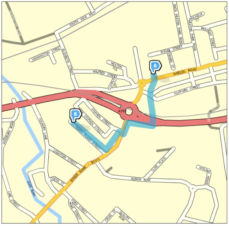 Map showing pedestrian route as descibed in body of text